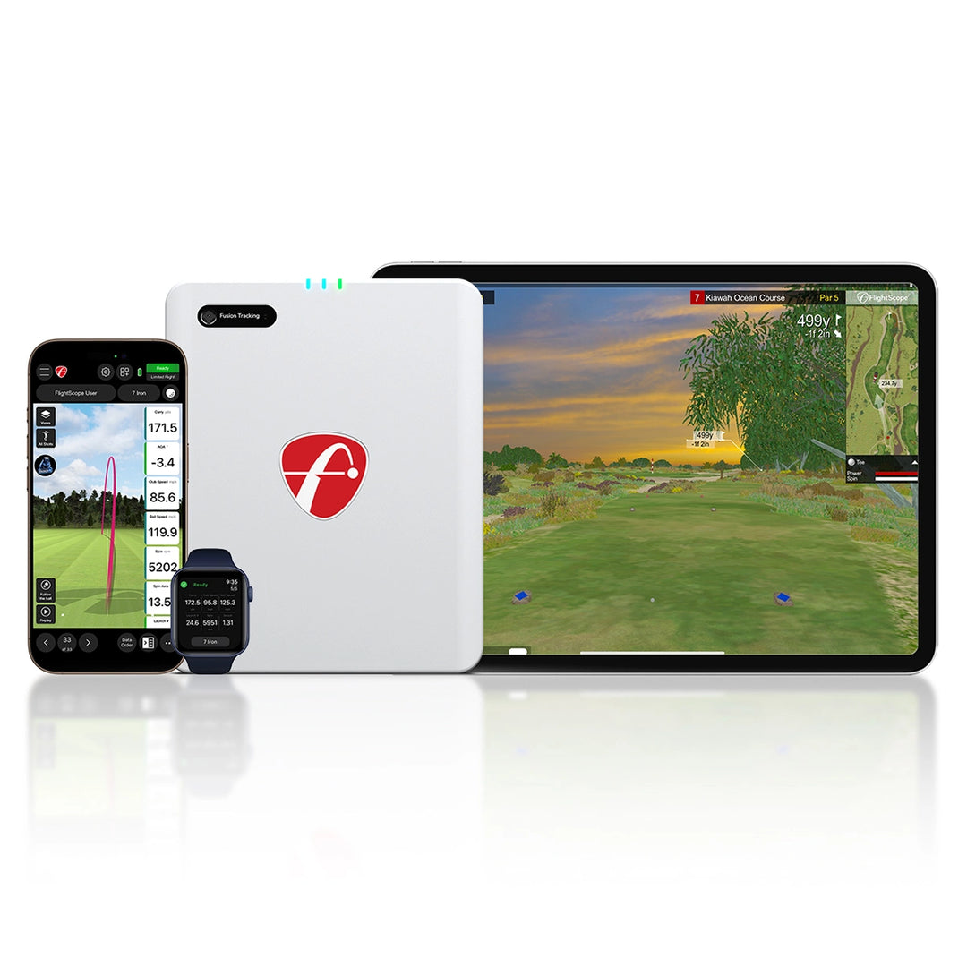 The Flightscope Mevo Plus golf launch monitor, featuring a compact, modern design with a black tracking indicator.